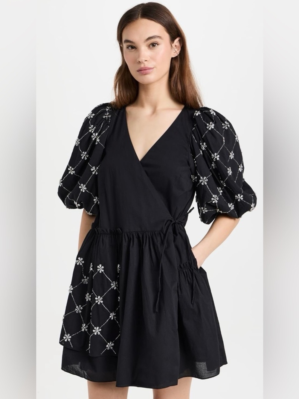Rhode Elsa Black Puff-Sleeve Wrap Dress with Embroidered Detail  NWT XS